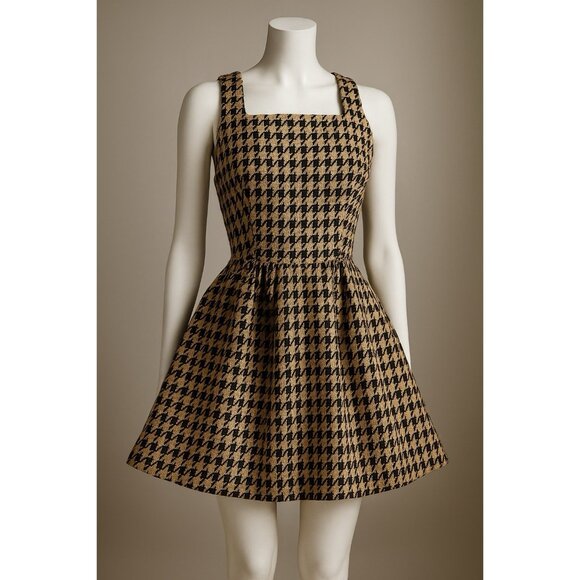 Christian Dior Houndstooth Fit & Flare Dress Black Beige Silk Wool Italy Sz 36 - Picture 1 of 10